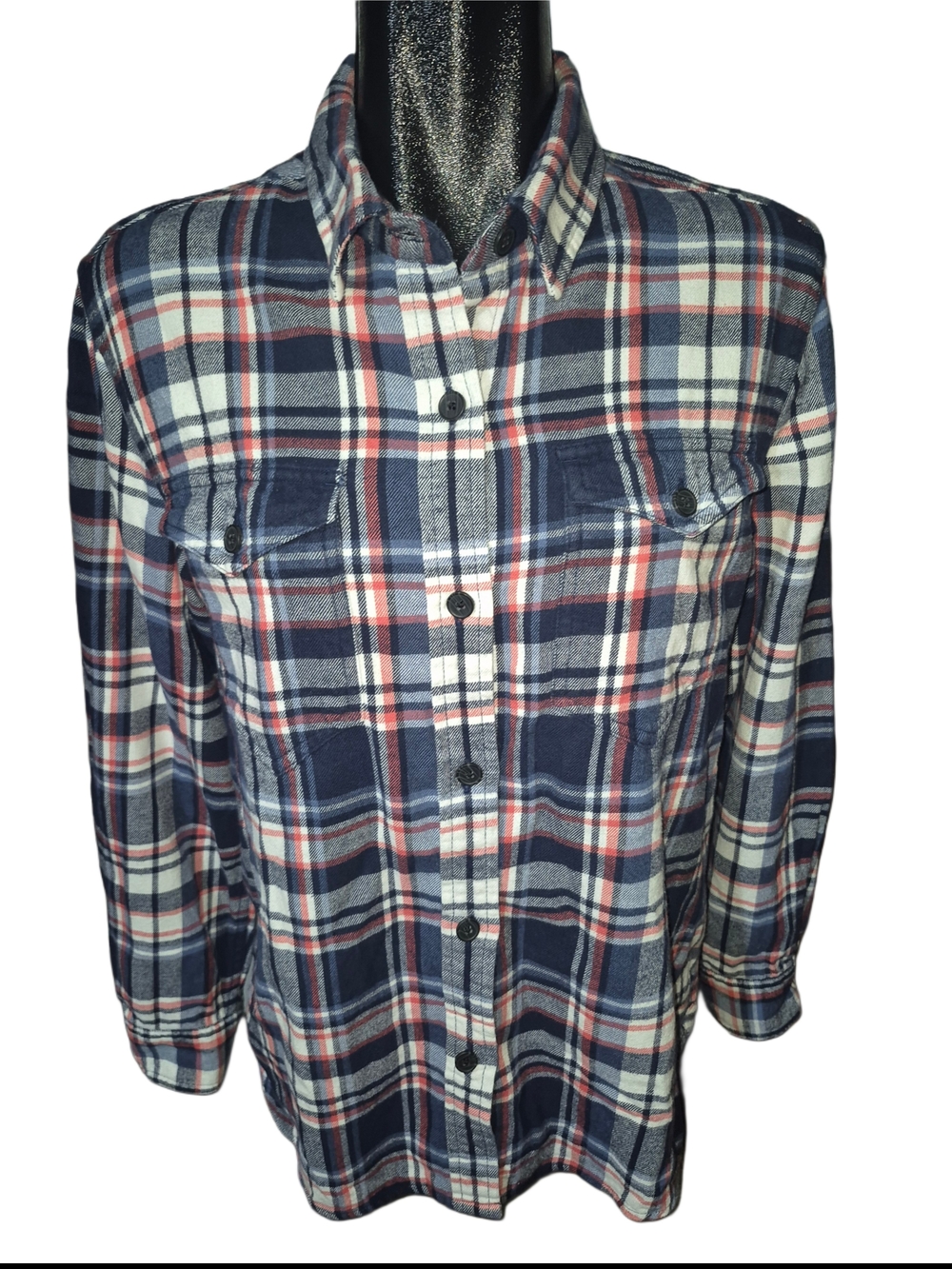 Tilley Women's Classic Navy Plaid Light Flannel Button-Up Shirt Size L